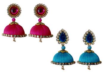 Handmae Silk Thread Pink and Dark Sky Blue Dangler Jhumka Earrings combo Set 1 1