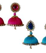 Handmae Silk Thread Pink and Dark Sky Blue Dangler Jhumka Earrings combo Set 1