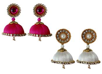 Handmae Silk Thread Pink and White Dangler Jhumka Earrings combo Set 1