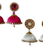 Handmae Silk Thread Pink and White Dangler Jhumka Earrings combo Set