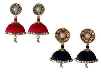 Handmae Silk Thread Red and Black Dangler Jhumka Earrings combo Set 1
