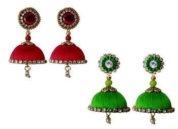 Handmae Silk Thread Red and Lawn Green Dangler Jhumka Earrings combo Set 1