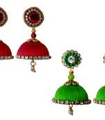 Handmae Silk Thread Red and Lawn Green Dangler Jhumka Earrings combo Set