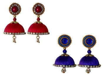 Handmae Silk Thread Red and Navy Blue Dangler Jhumka Earrings combo Set 2 1