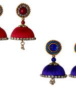 Handmae Silk Thread Red and Navy Blue Dangler Jhumka Earrings combo Set 2