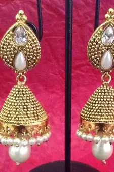 Golden glowing pearl jhumka South Indian ethnic bollywood ADIVA earring v767