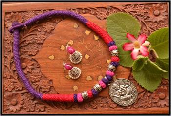 Silver Plated Handmade Thread Work Necklace Set with Matching Jhumka Earrings 1