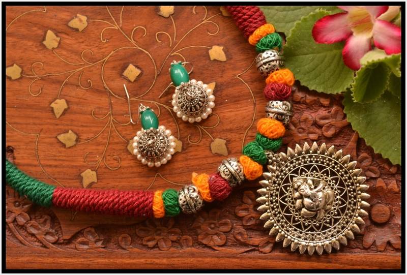 Silver Plated Handmade Thread Work Necklace Set with Matching Jhumka Earrings