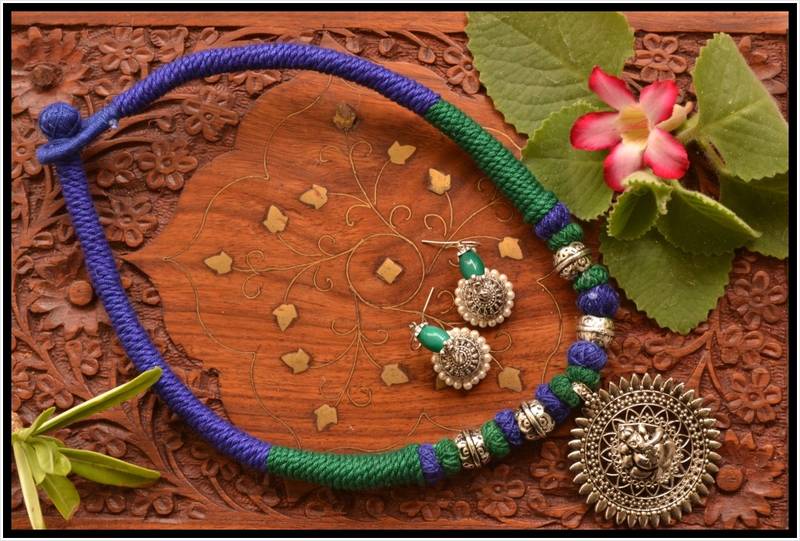 Silver Plated Handmade Thread Work Necklace Set with Matching Jhumka Earrings