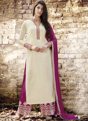 Cream Embroidered Georgette Semi Stitched Salwar With Dupatta 1