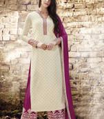 Cream Embroidered Georgette Semi Stitched Salwar With Dupatta