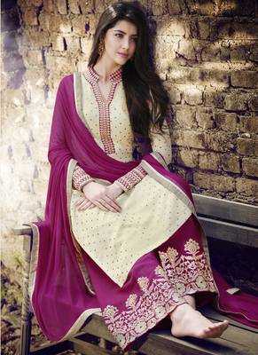 Cream Embroidered Georgette Semi Stitched Salwar With Dupatta 2