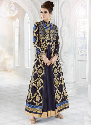 Dark blue embroidered georgette semi stitched salwar with dupatta 1