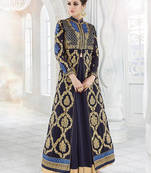 Dark blue embroidered georgette semi stitched salwar with dupatta
