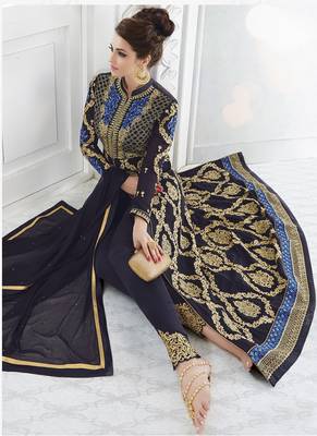 Dark blue embroidered georgette semi stitched salwar with dupatta 2