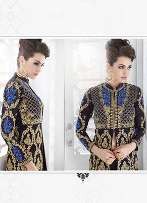 Dark blue embroidered georgette semi stitched salwar with dupatta 3