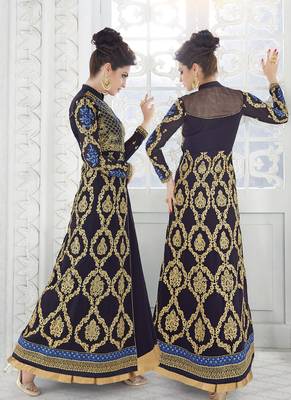 Dark blue embroidered georgette semi stitched salwar with dupatta 4