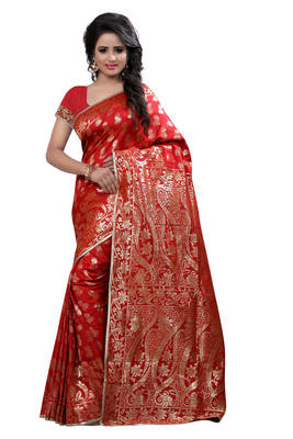 Red Woven Banarasi Silk Saree With Blouse 1
