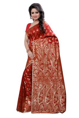 Red Woven Banarasi Silk Saree With Blouse 2