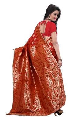 Red Woven Banarasi Silk Saree With Blouse 3