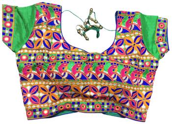 green art silk Kutchwork stitched blouse 1