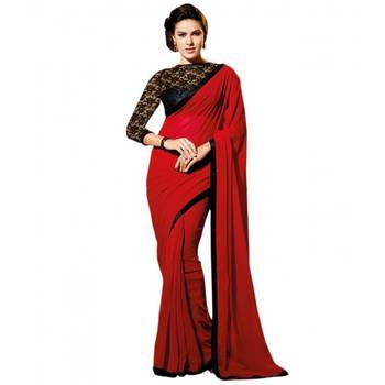 Red Plain Georgette Saree With Black Blouse 1
