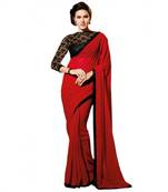 Red Plain Georgette Saree With Black Blouse