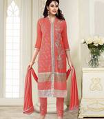 Coral embroidered georgette unstitched salwar with dupatta