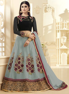 Grey hand woven net unstitched lehenga 1