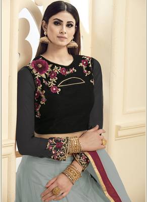 Grey hand woven net unstitched lehenga 2