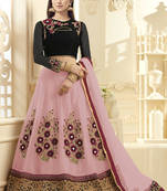 Pink hand woven net unstitched lehenga