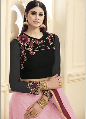 Pink hand woven net unstitched lehenga 2