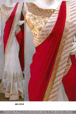 Red embroidered georgette saree with blouse 1