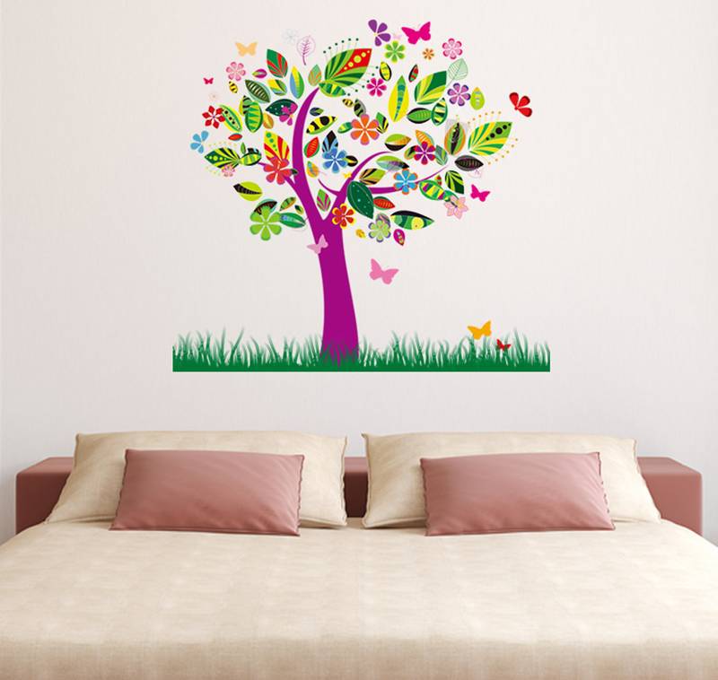 Wall Stickers Colourful Tree Pattern Leaves and Green Grass