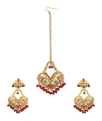 Jadau Dangler Gold Plated Red  Beads Earrings Pair And Maang Tikka Set 1