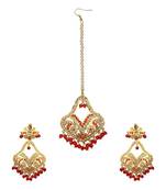 Jadau Dangler Gold Plated Red  Beads Earrings Pair And Maang Tikka Set
