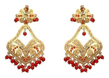 Jadau Dangler Gold Plated Red  Beads Earrings Pair And Maang Tikka Set 2
