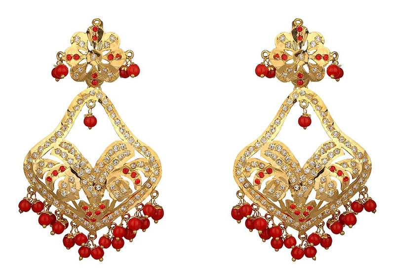 Jadau Dangler Gold Plated Red  Beads Earrings Pair And Maang Tikka Set