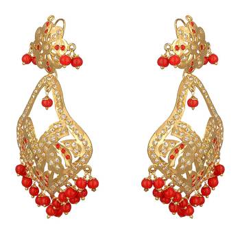 Jadau Dangler Gold Plated Red  Beads Earrings Pair And Maang Tikka Set 3