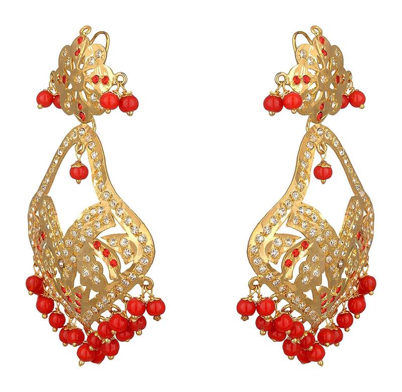 Jadau Dangler Gold Plated Red  Beads Earrings Pair And Maang Tikka Set