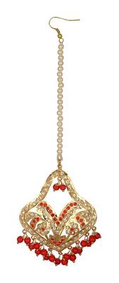 Jadau Dangler Gold Plated Red  Beads Earrings Pair And Maang Tikka Set 4
