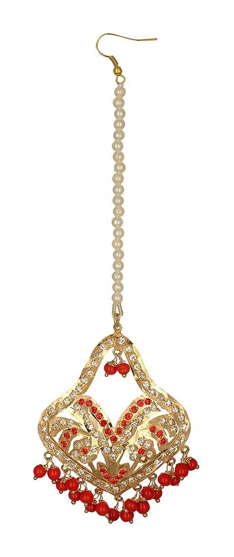 Jadau Dangler Gold Plated Red  Beads Earrings Pair And Maang Tikka Set