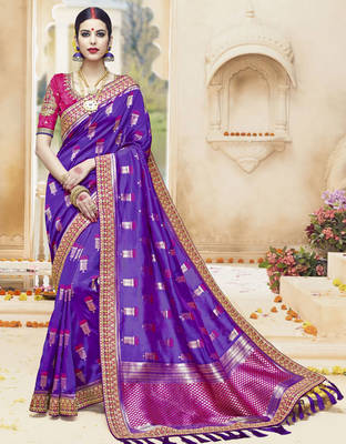 Purple embroidered kanchipuram silk saree with blouse 1