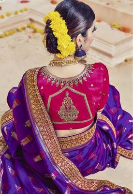 Purple embroidered kanchipuram silk saree with blouse 3