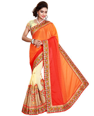 Orange embroidered satin saree with blouse 1
