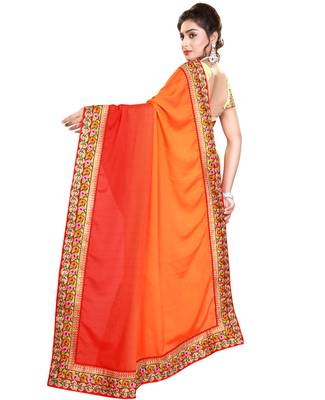 Orange embroidered satin saree with blouse 2