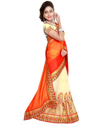 Orange embroidered satin saree with blouse 3