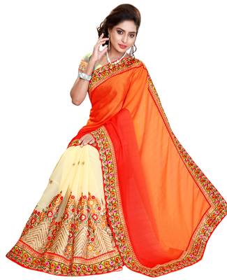 Orange embroidered satin saree with blouse 4