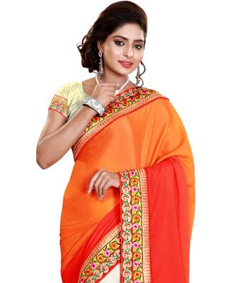 Orange embroidered satin saree with blouse 5
