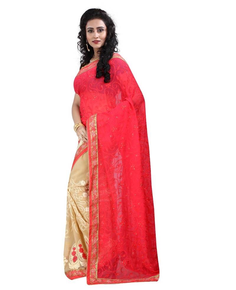 pink embroidered georgette saree with blouse